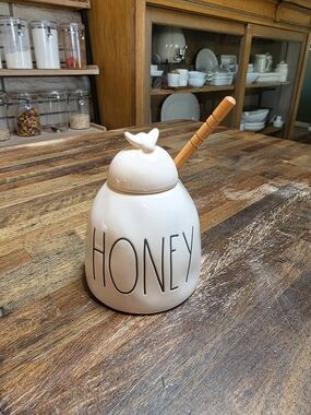 Rae Dunn Cream Ceramic Honey Jar with Wood Dipper